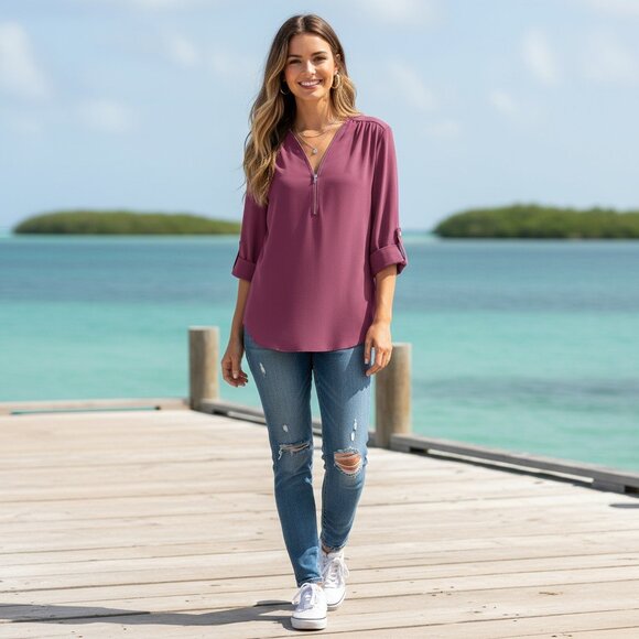 🆕️Ultra-Chic Purple V-Neck Blouse with Zip Detail & Roll-Up Sleeves Trendy 💜✨ - Picture 10 of 12